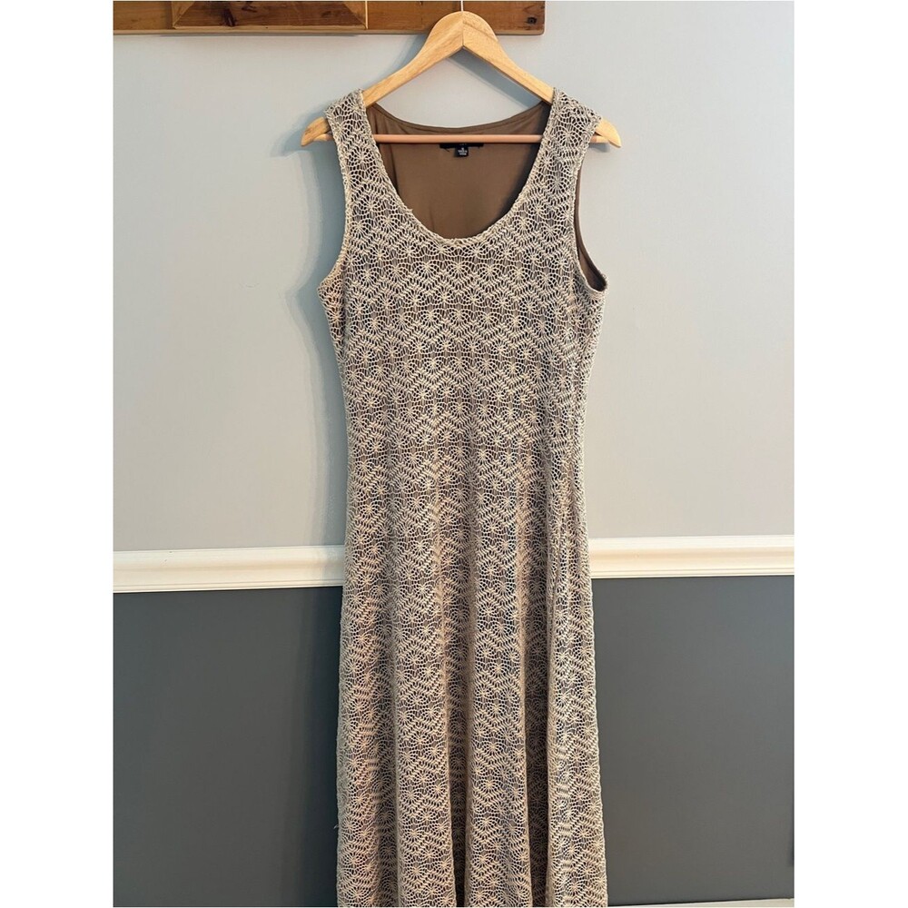 Crochet Overlay Maxi Dress Taupe Sleeveless Lined Size 16 Boho Festival